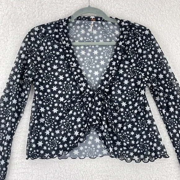 Free People Marni Sheer Top Womens Medium Black White Star Print Long Sleeve Tie - Picture 2 of 12